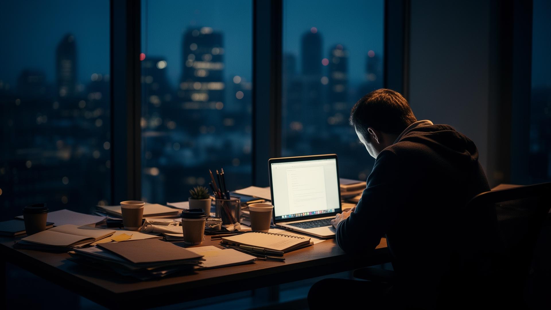 A founder hunched over a laptop late at night with a city skyline behind them