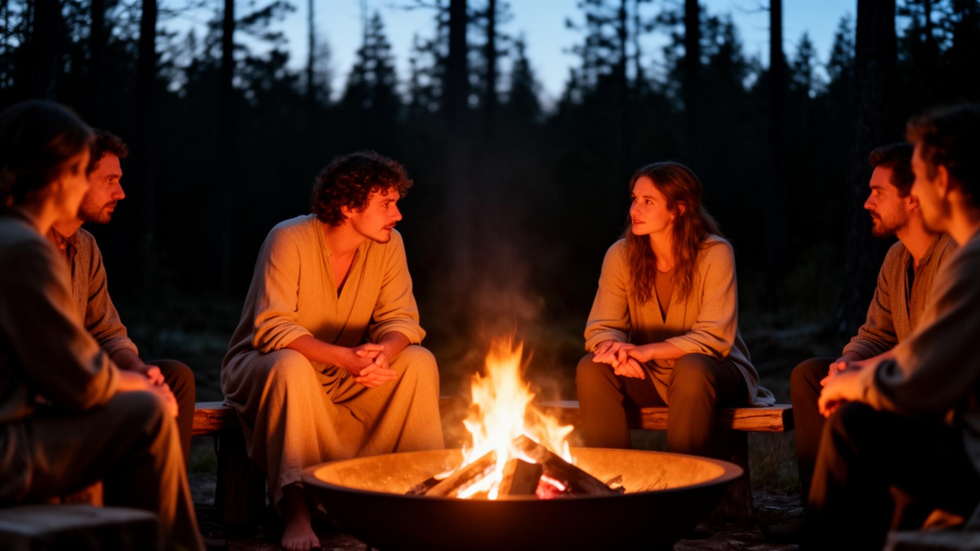 A small group of people seated in a circle around an outdoor fire pit at dusk