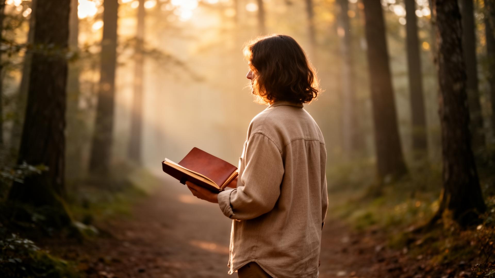 A person walking a quiet forest path at golden hour holding an open journal